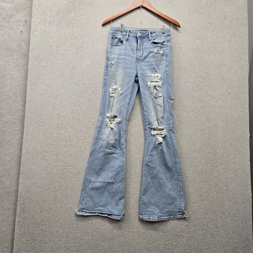 American Eagle Women Jeans 2 Blue Denim Distressed Flared Stretch 30" Inseam